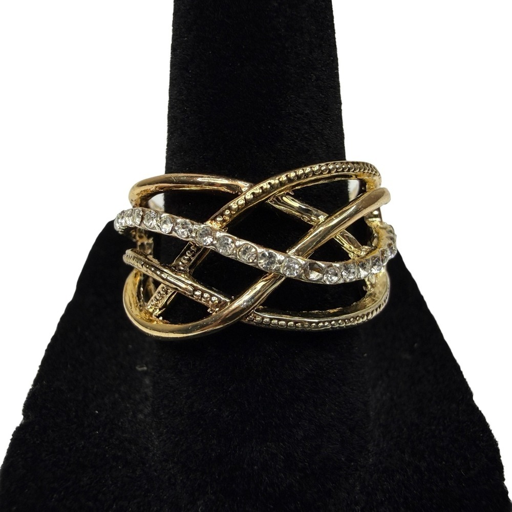 Modern Gold Tone Intertwined Criss Cross Clear Rhinestone Wide Band Ring Sz 7